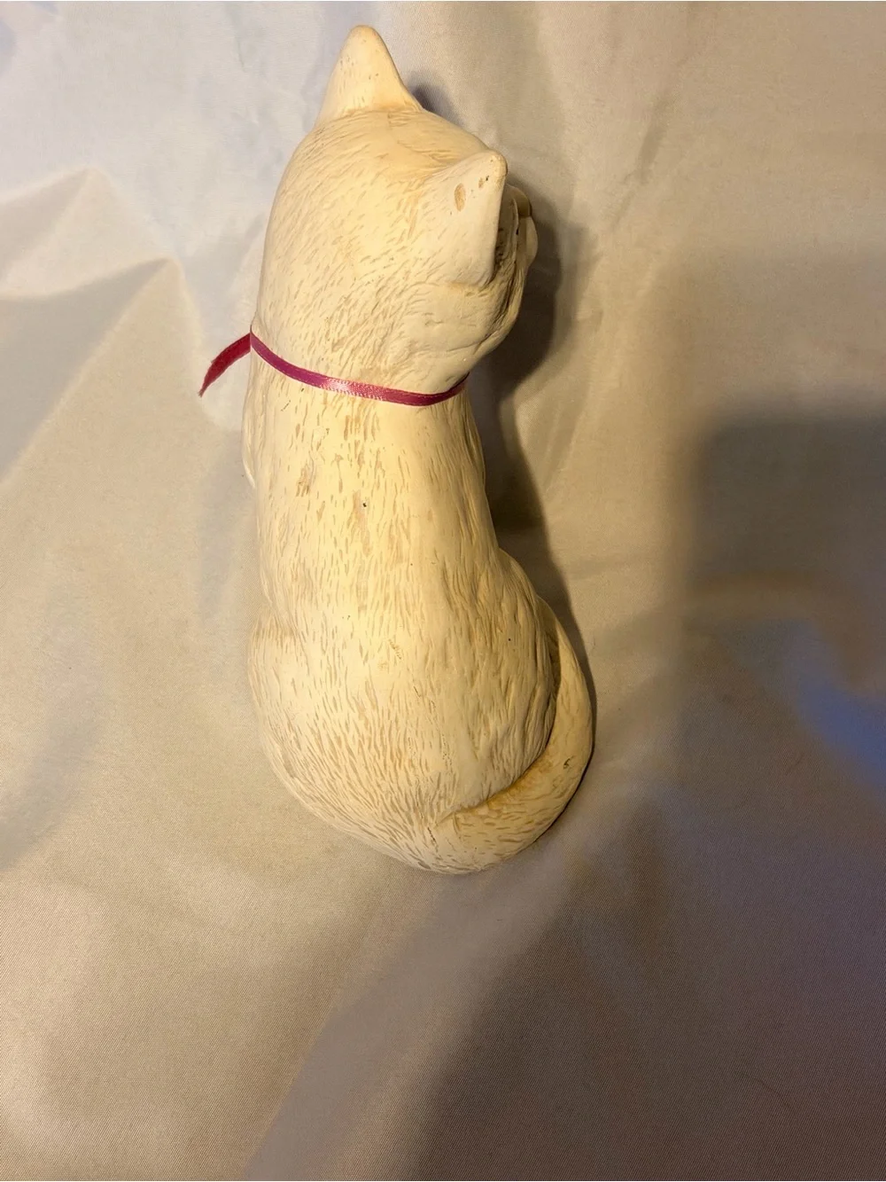 Vintage White Cat Figurine Pink Ribbon Big Eyes Cottagecore Kitty Decor